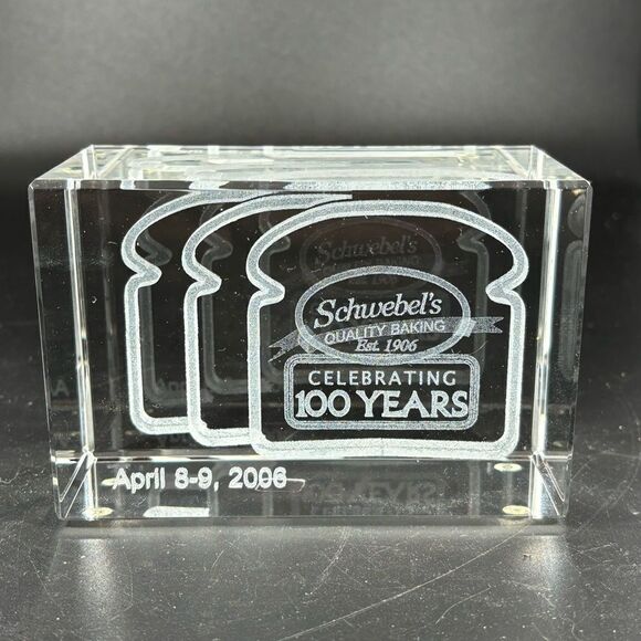 Schwebel’s Bread Celebrating 100 Years Glass Desk Paperweight Rare Employee Gift - Picture 1 of 8
